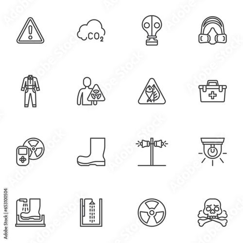 Nuclear and radiation safety line icons set