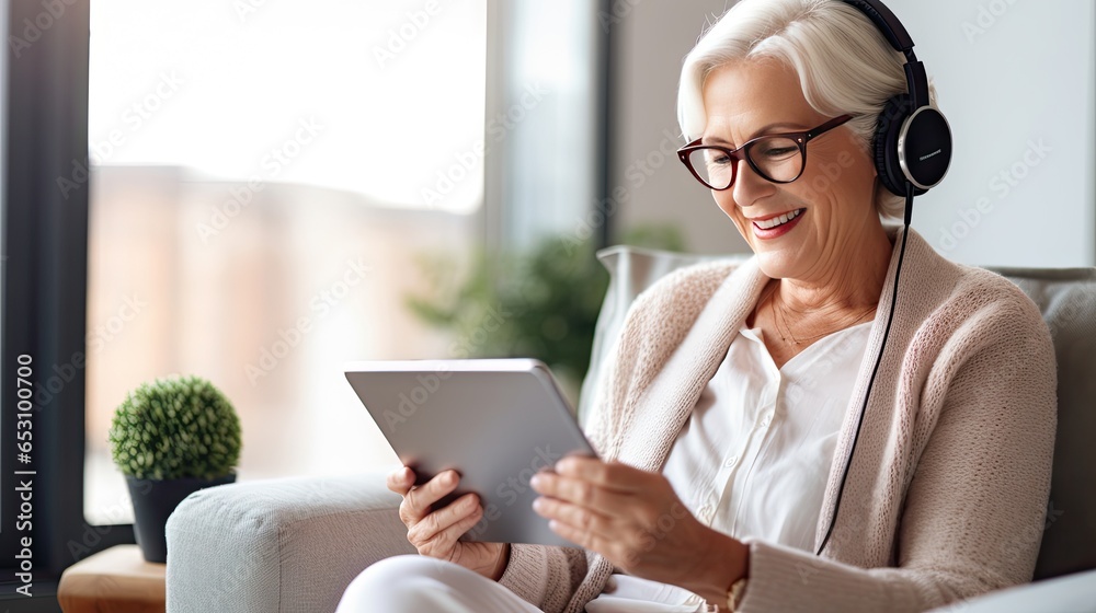 Senior woman wearing headphones making a video call on a tablet Senior woman wearing headphones making a video call on a tablet