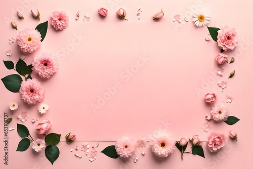 Banner with flowers on a light pink background. Greeting card template for Wedding, Mother's, or Women's Day with copy space