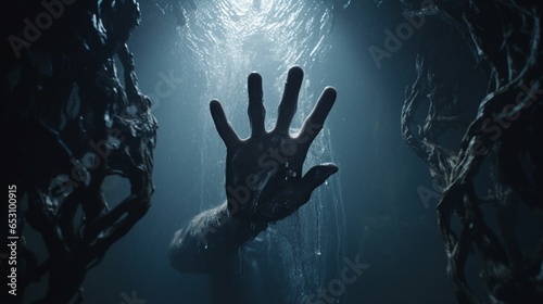 a haunted well with ghostly hands reaching out from the depths, 