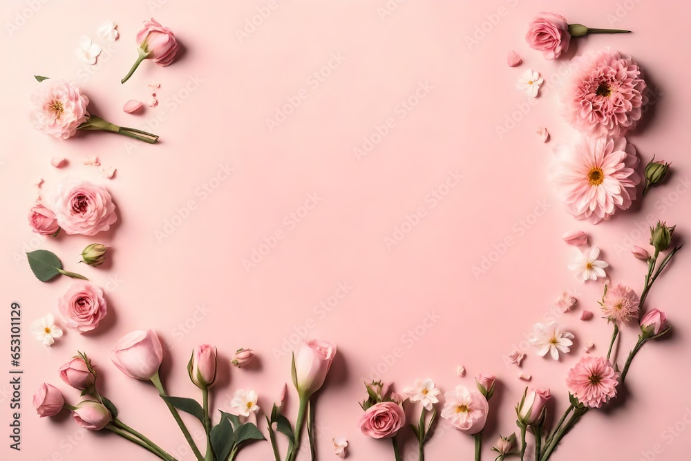 Banner with flowers on a light pink background. Greeting card template for Wedding, Mother's, or Women's Day with copy space