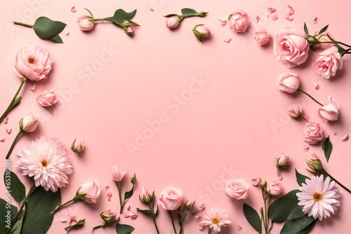 Banner with flowers on a light pink background. Greeting card template for Wedding, Mother's, or Women's Day with copy space © sania