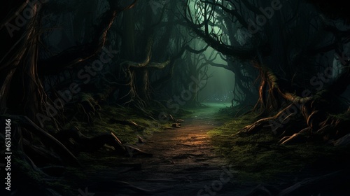 a shadowy, haunted forest path with eerie, glowing eyes peering from the underbrush, 