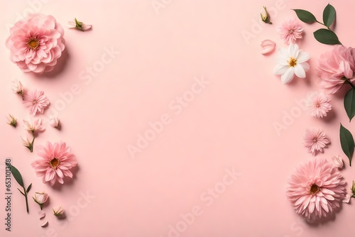 Banner with flowers on a light pink background. Greeting card template for Wedding, Mother's, or Women's Day with copy space