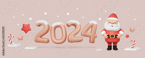 2024 New Year banner with cute Santa Claus in cartoon style, 3d plastic stars, candy cane rendering. Glossy Xmas text. Vector winter illustration. Minimal landscape. Greeting card, horizontal print.