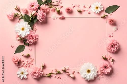 Banner with flowers on a light pink background. Greeting card template for Wedding  Mother s  or Women s Day with copy space