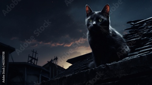 a sinister black cat with glowing eyes on a moonlit rooftop,