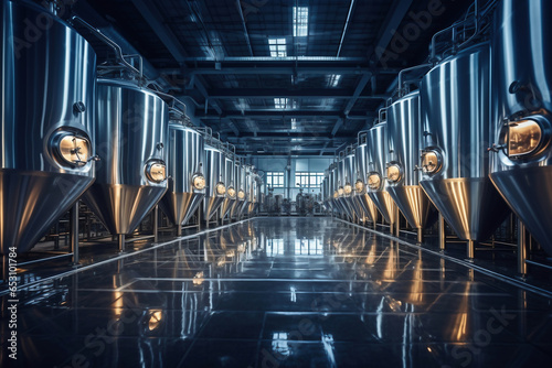 Fermentation mash vats or boiler tanks in a brewery factory. Brewery plant interior. Factory for the production of beer. Modern production of draft drinks. Selective focus.