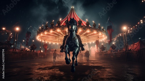 a sinister, haunted carnival with a creepy, grinning carousel horse,
