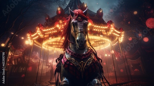 a sinister  haunted carnival with a creepy  grinning carousel horse  