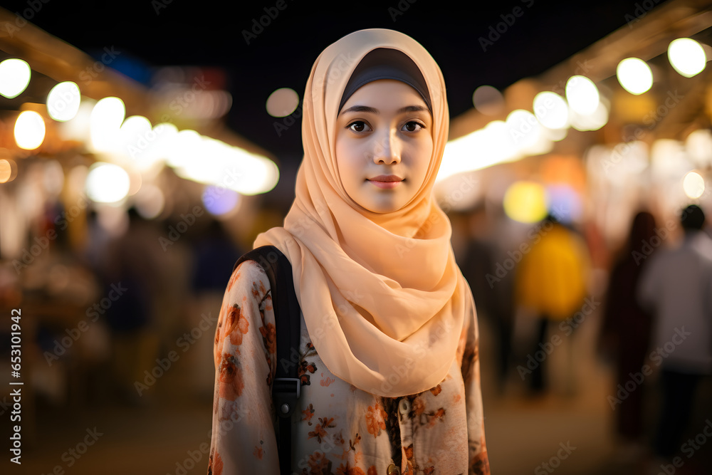 Portrait of beautiful Muslim woman at night market