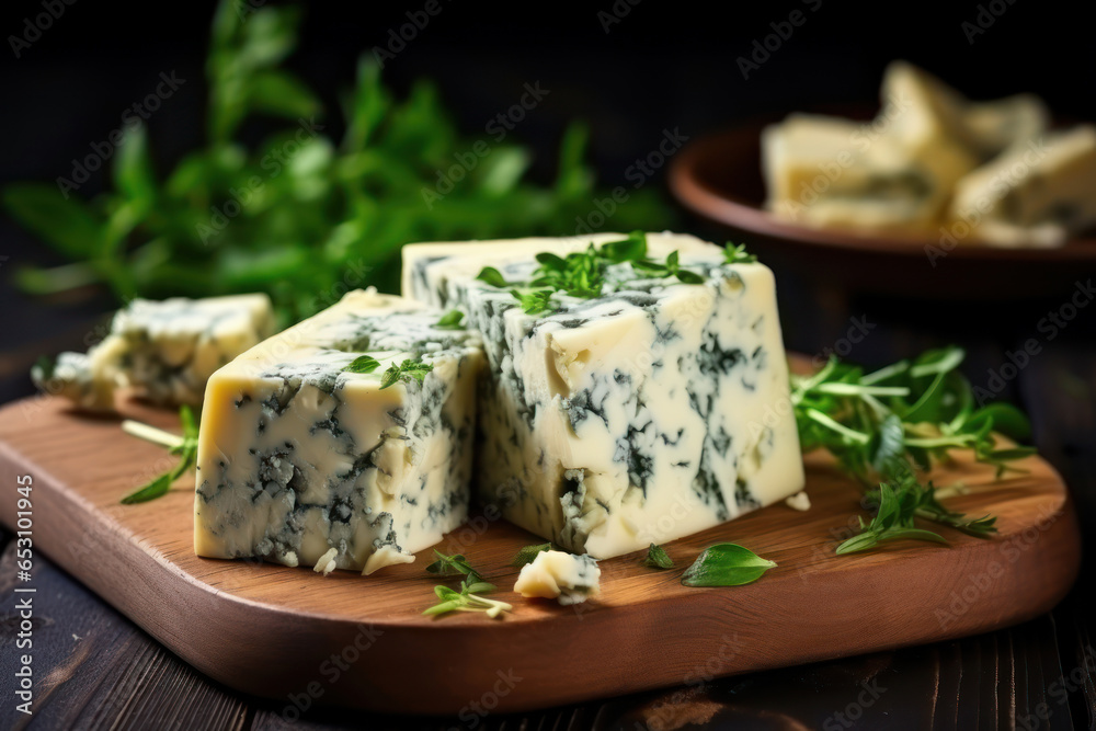 A wooden cutting board topped with pieces of cheese A wooden cutting board topped with pieces of cheese