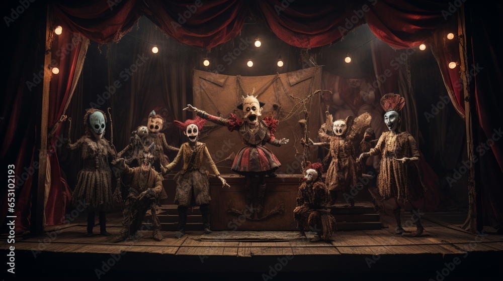 a sinister, haunted puppet theater with marionettes moving on their own, - obrazy, fototapety, plakaty 