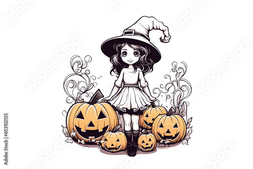 Witch with pumpkins and a broom, fairytale drawing doodle vector halloween illustration