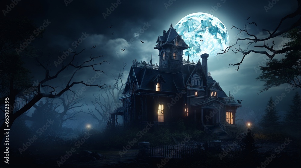 a spooky, decrepit, haunted mansion with a full moon overhead,