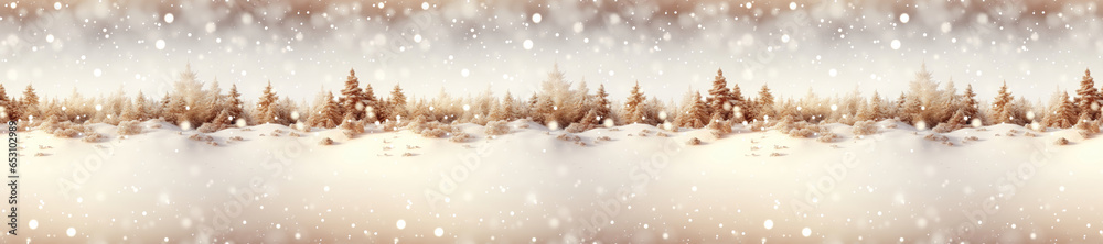 Seamless. A wide format winter background image featuring a serene snowy forest, capturing the tranquility and beauty of a winter landscape. Photorealistic illustration