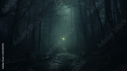 a spooky, fog-covered forest path with ghostly lights leading deeper into the woods, © Jigxa