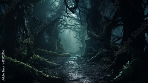a spooky, fog-covered forest path with ghostly lights leading deeper into the woods, photo