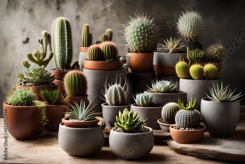 The contemporary arrangement of a home garden is adorned with a diverse array of exquisite plants, including cacti, succulents, and air plants, all displayed in stylish pots.