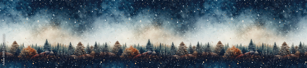 Seamless. A festive background in a wide format showcasing a snowy forest scene. Photorealistic illustration Seamless. A festive background in a wide format showcasing a snowy forest scene. Photorealistic illustration