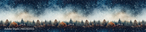 Seamless. A festive background in a wide format showcasing a snowy forest scene. Photorealistic illustration