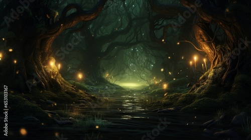 a spooky forest with twisted trees and glowing, hovering fireflies,  © Jigxa