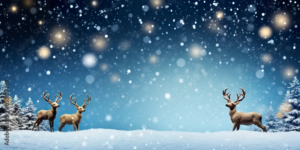 Deer standing in winter snow background with Christmas tree. Merry Christmas and Happy New Year.