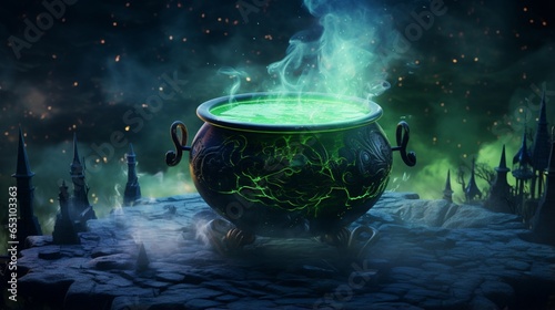 a witch's cauldron bubbling with green potion under a starry sky,