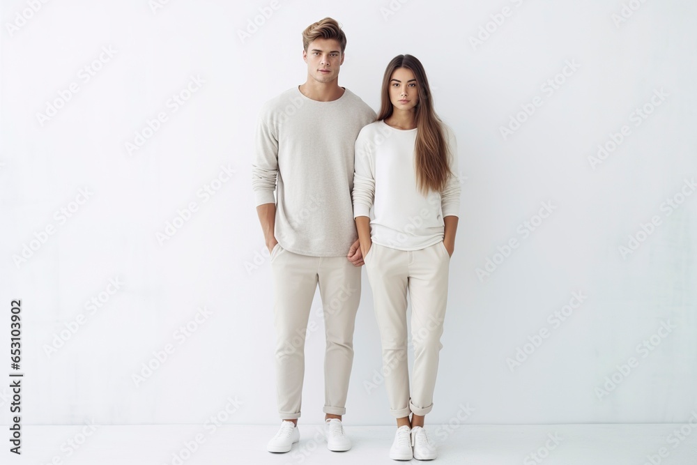 A young couple poses on a white background, wearing white casual clothes, models posing. A young couple poses on a white background, wearing white casual clothes, models posing.