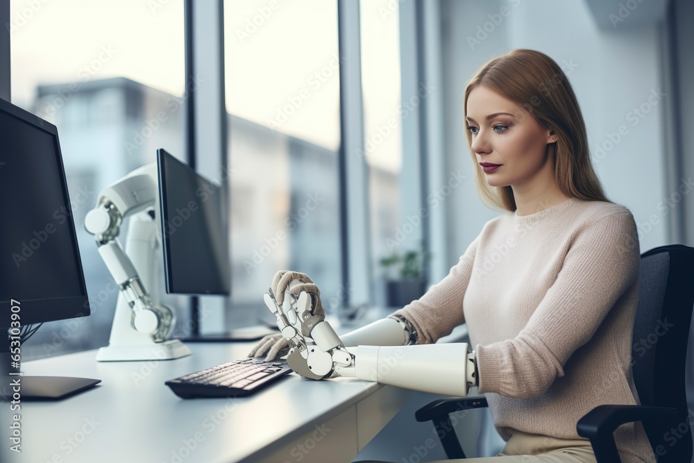 A woman works in her office, assisted by a robotic prosthetic arm. - obrazy, fototapety, plakaty 