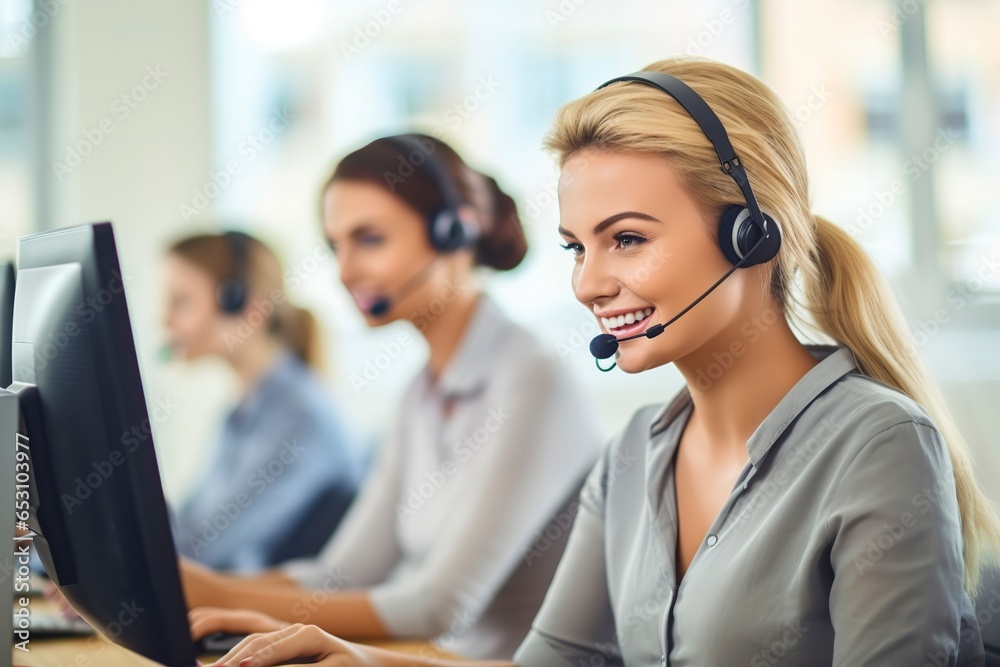 Inside a call center, a pretty girl smilingly answers a phone call to provide assistance. Inside a call center, a pretty girl smilingly answers a phone call to provide assistance.