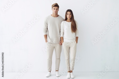 A young couple poses on a white background, wearing white casual clothes, models posing. © Joaquin Corbalan