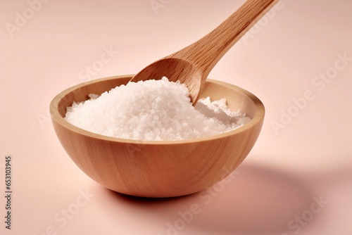 Crystals of coarse salt, rich in sodium, in a kitchen bowl.