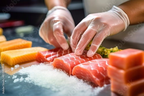 cook handles a salmon fillet to prepare a shusi dish, detail. photo