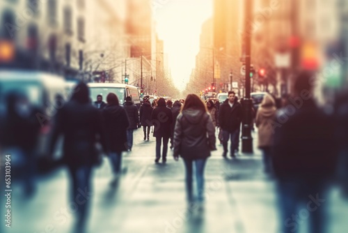 Blurred business people walking in the city scape.