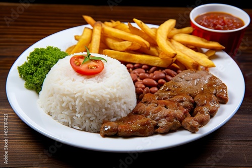 Rice, beans, French fries, and meat.