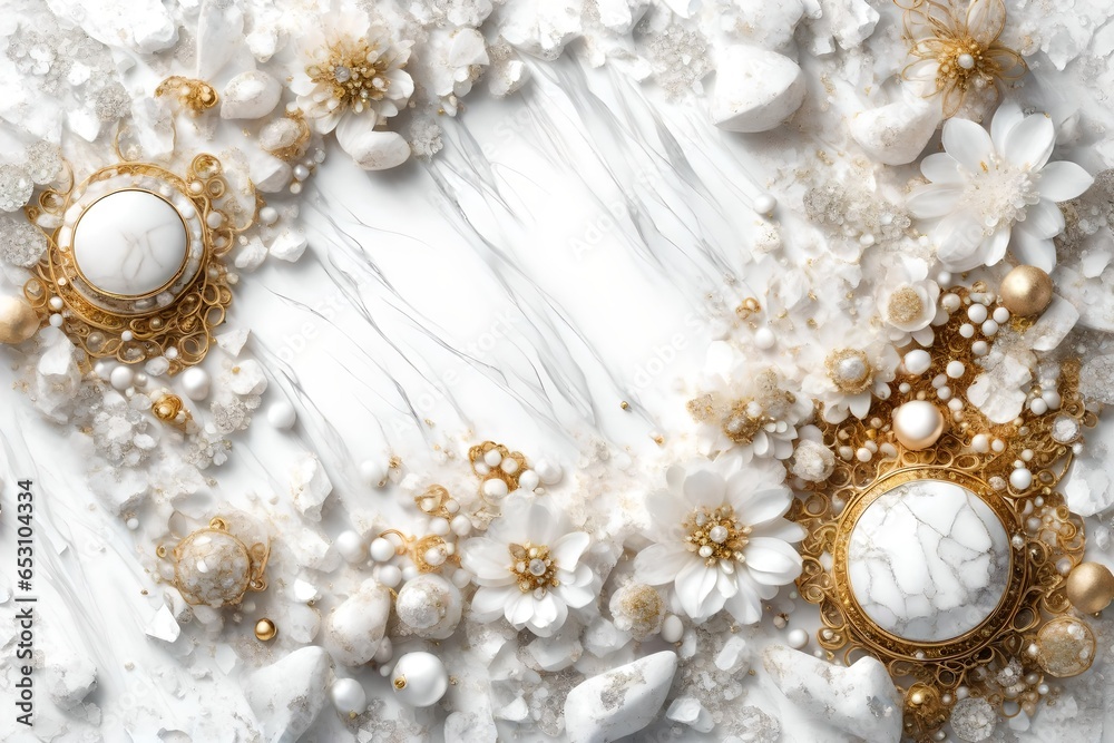 Wedding background with a white marble and granite texture and a gold-white enchanting floral jewelry