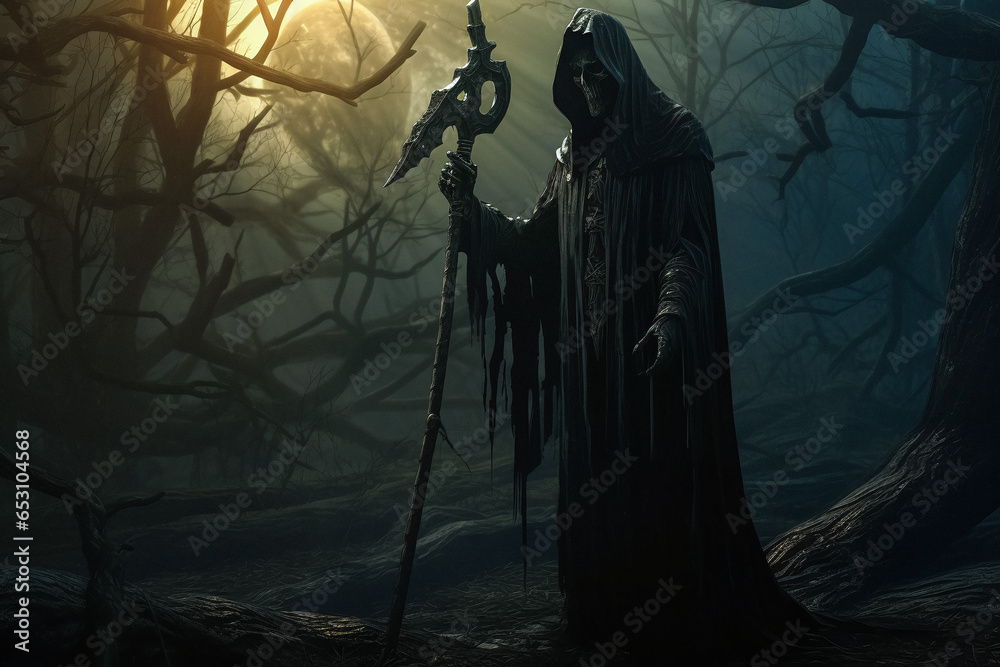 Grim Reaper in the dark moody forest with moon Grim Reaper in the dark moody forest with moon