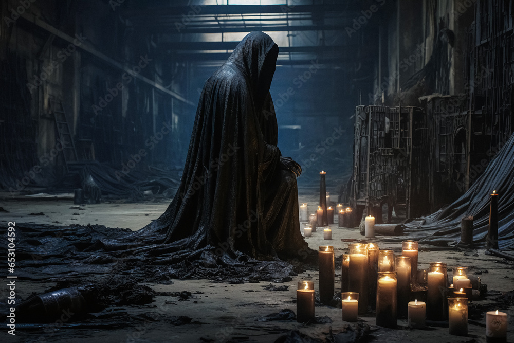 Grim reaper sitting in the dark moody environment