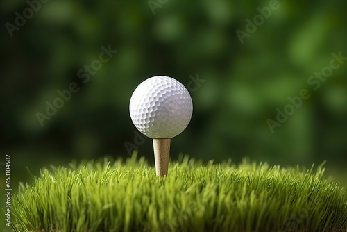 White golf ball on wooden tee with grass.