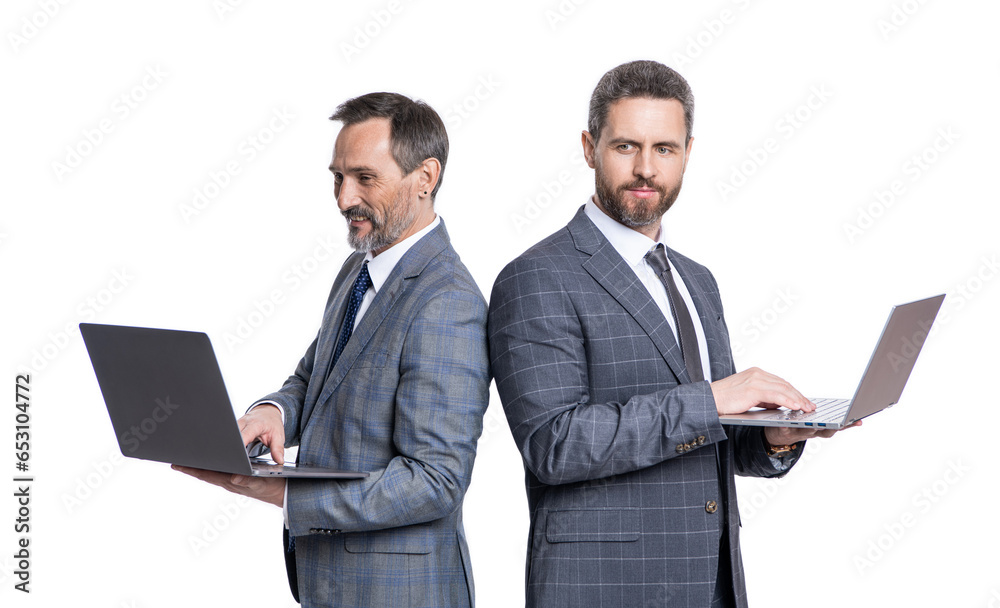 remote working. businessmen checking email. business men freelancing at home office. business online. men freelancer working on laptop. Businessmen in suit with laptop isolated on white. Remote team remote working. businessmen checking email. business men freelancing at home office. business online. men freelancer working on laptop. Businessmen in suit with laptop isolated on white. Remote team