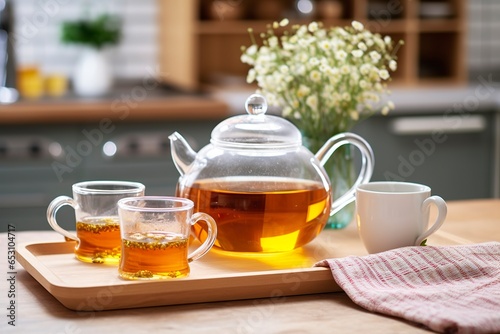 Wooden tray with teapot, cups of natural chamomile tea and flowers on table.