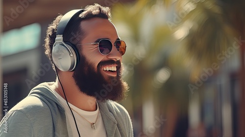 Smiling bearded man listening to music through wireless headphones photo