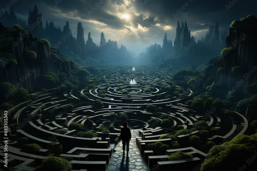 A labyrinthine maze with a person navigating its twists and turns. Concept of the human journey and the pursuit of meaning. Generative Ai. - obrazy, fototapety, plakaty 