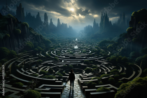 A labyrinthine maze with a person navigating its twists and turns. Concept of the human journey and the pursuit of meaning. Generative Ai.