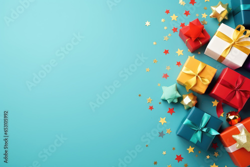 Christmas illustration. Several gift boxes  confetti in the shape of stars and christmas balls with space for text.