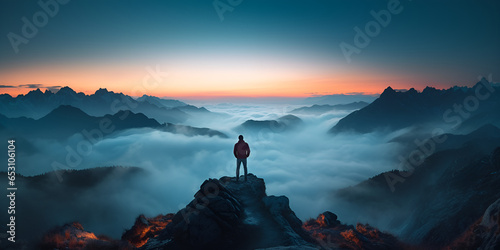 A Mountain Climber standing on top of a mountain looking at the horizon on a snowy landscape at sunset . Mountain Climber Conquering the Summit at Sunset