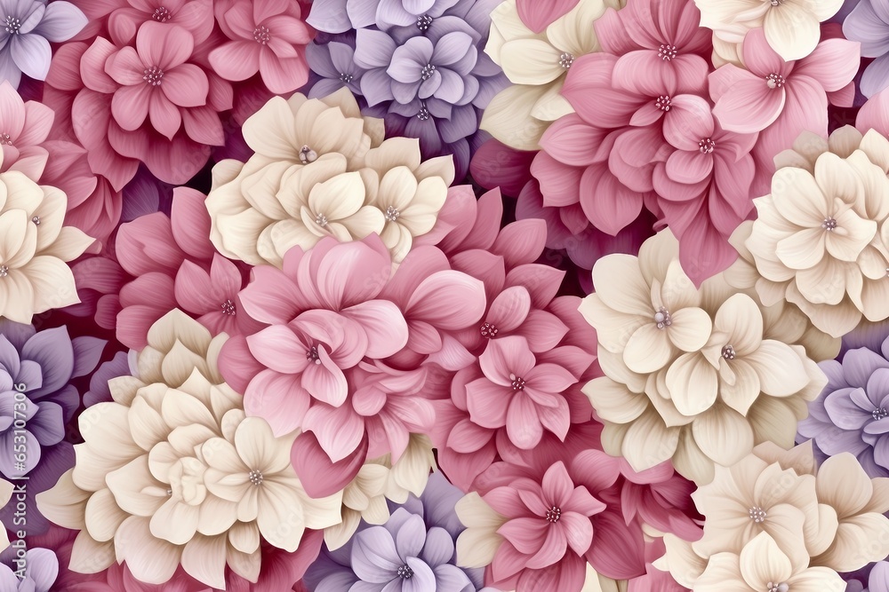 floral background, seamless pattern, luxury wallpaper. romantic delicate flowers, hydrangea, pink, beige, purple, white gypsophila. watercolor. generative ai.