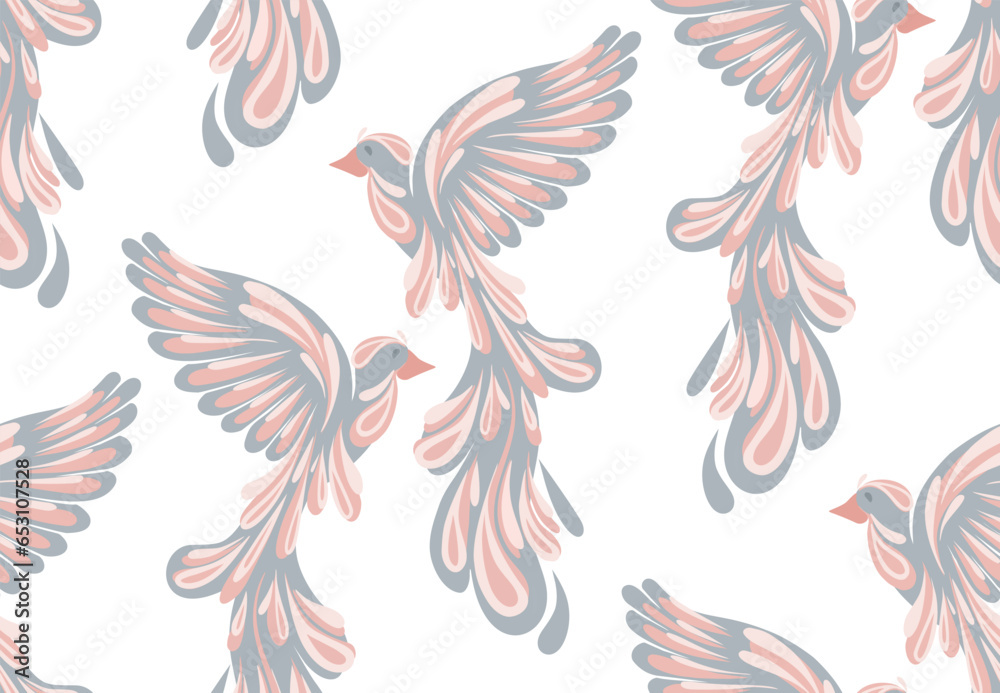 Seamless vector pattern with delicate stylized birds. Ornithological texture in pastel colors on a white background. Delicate background