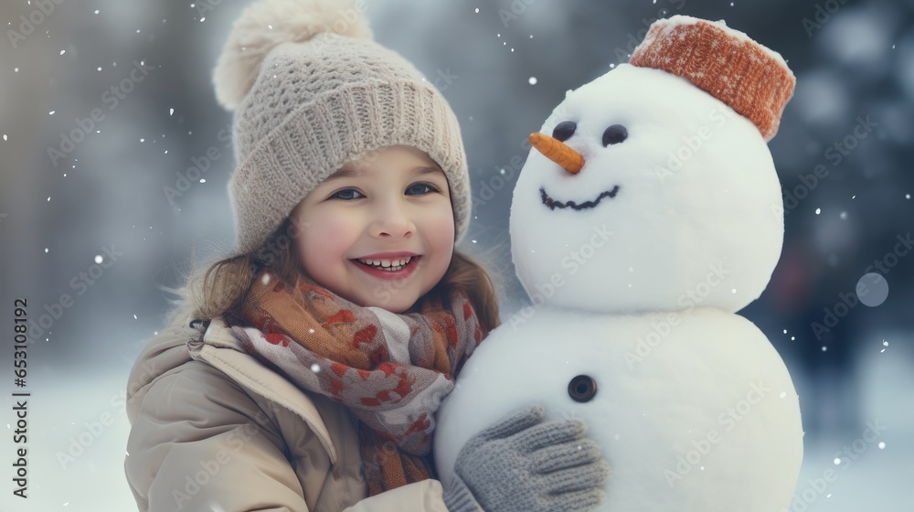 Smiling young woman with snowman on white Christmas in winter snow Smiling young woman with snowman on white Christmas in winter snow